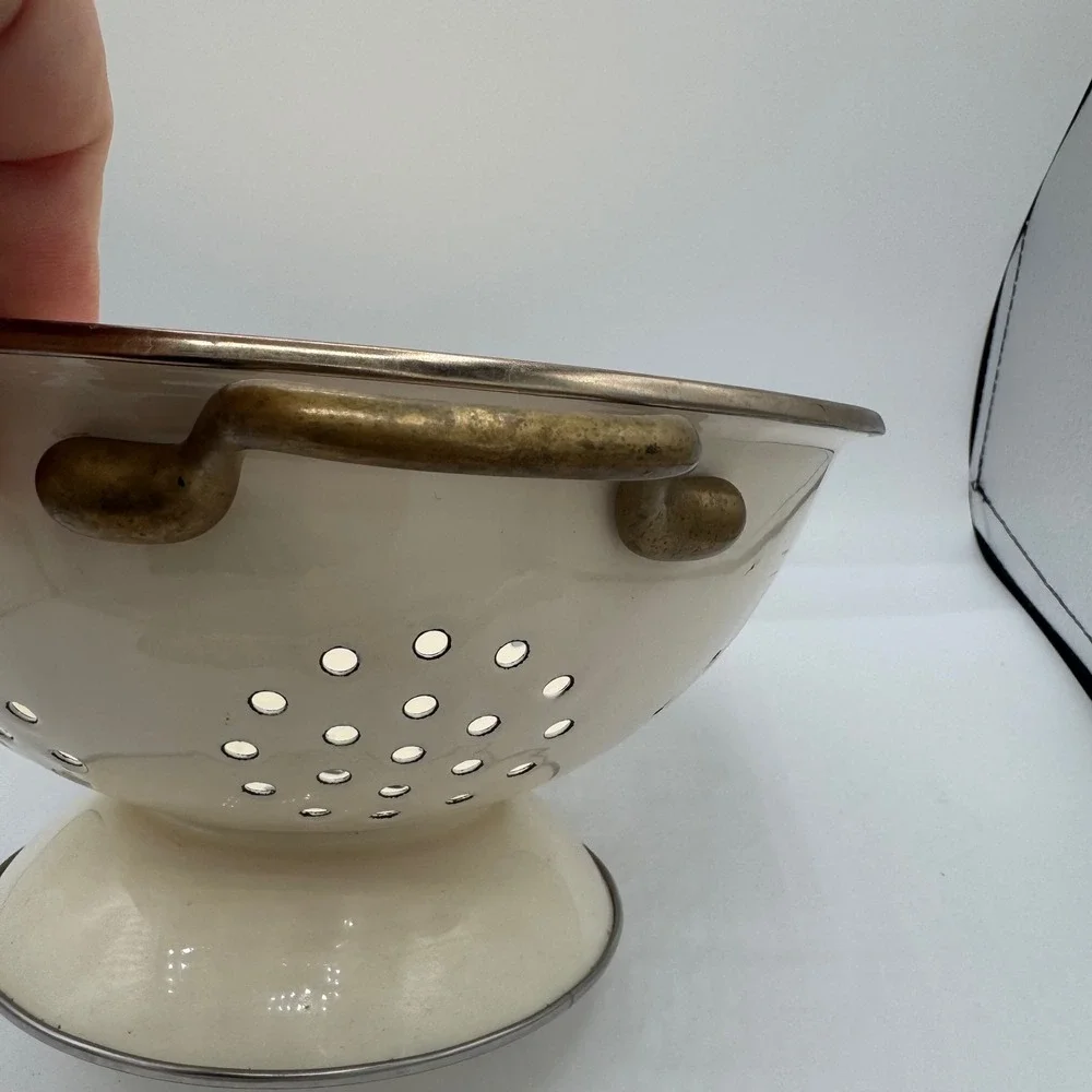 Vintage Enamel Floral Colander Cream Pedestal Strainer Brass Handles Floral Bowl
